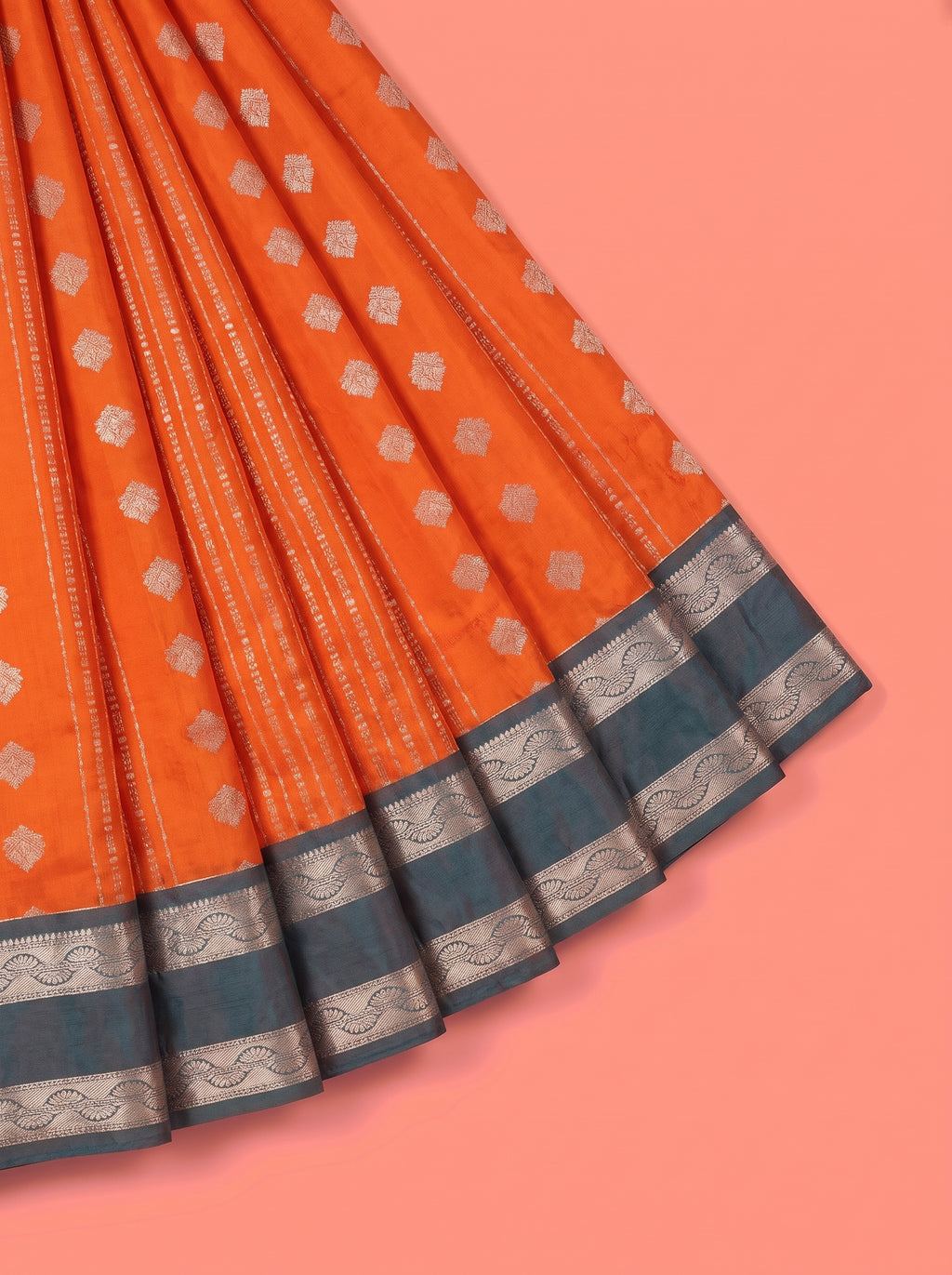 Orange Semi Silk Saree with Medium-Width Contrast Zari Wave Border