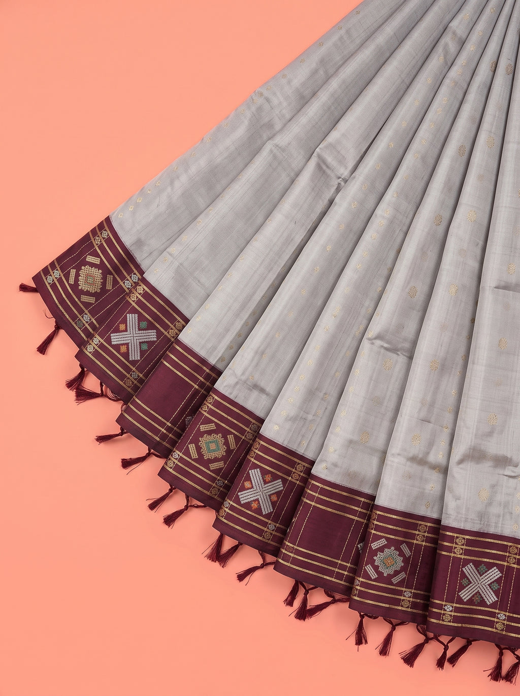 Grey Cotton Saree with Wine Contrast Geometric Zari Border