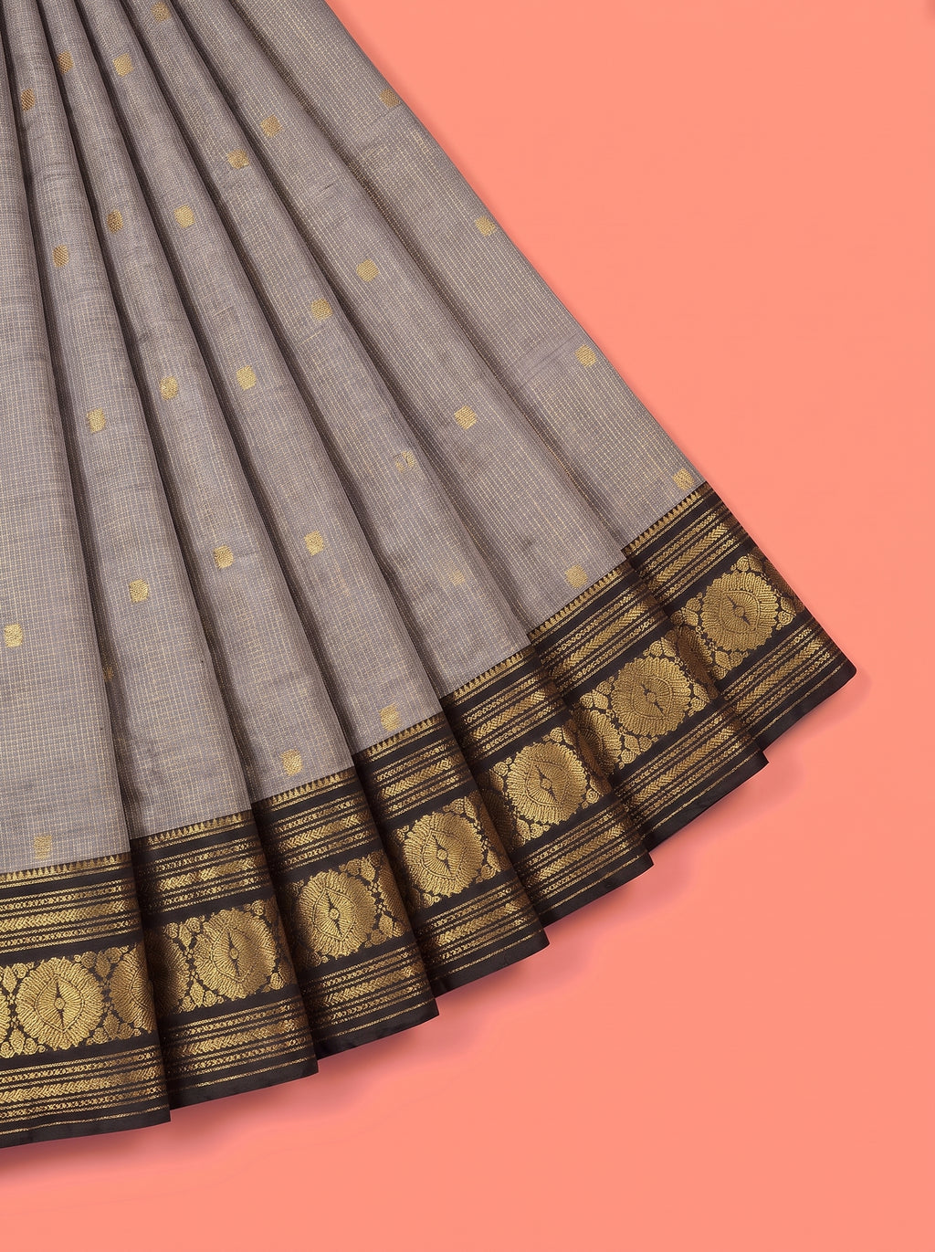 Grey Silk Saree with Black Floral Zari Border