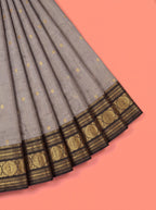 Grey Silk Saree with Black Floral Zari Border