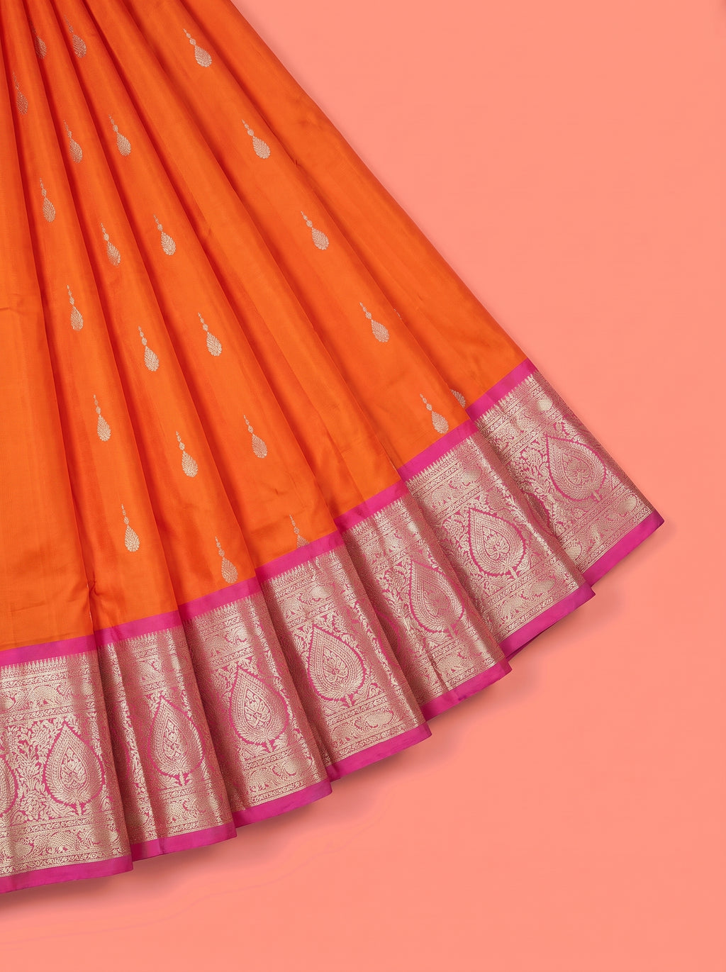 Orange Pure Kanchipuram Saree with Broad Paisley Floral Zari Border