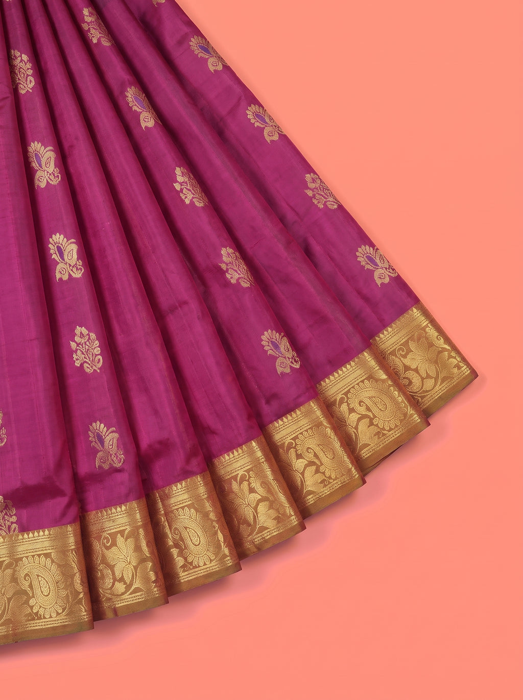 Purple Pure Kanchipuram Saree with Broad Floral Leaf Vine Zari Border