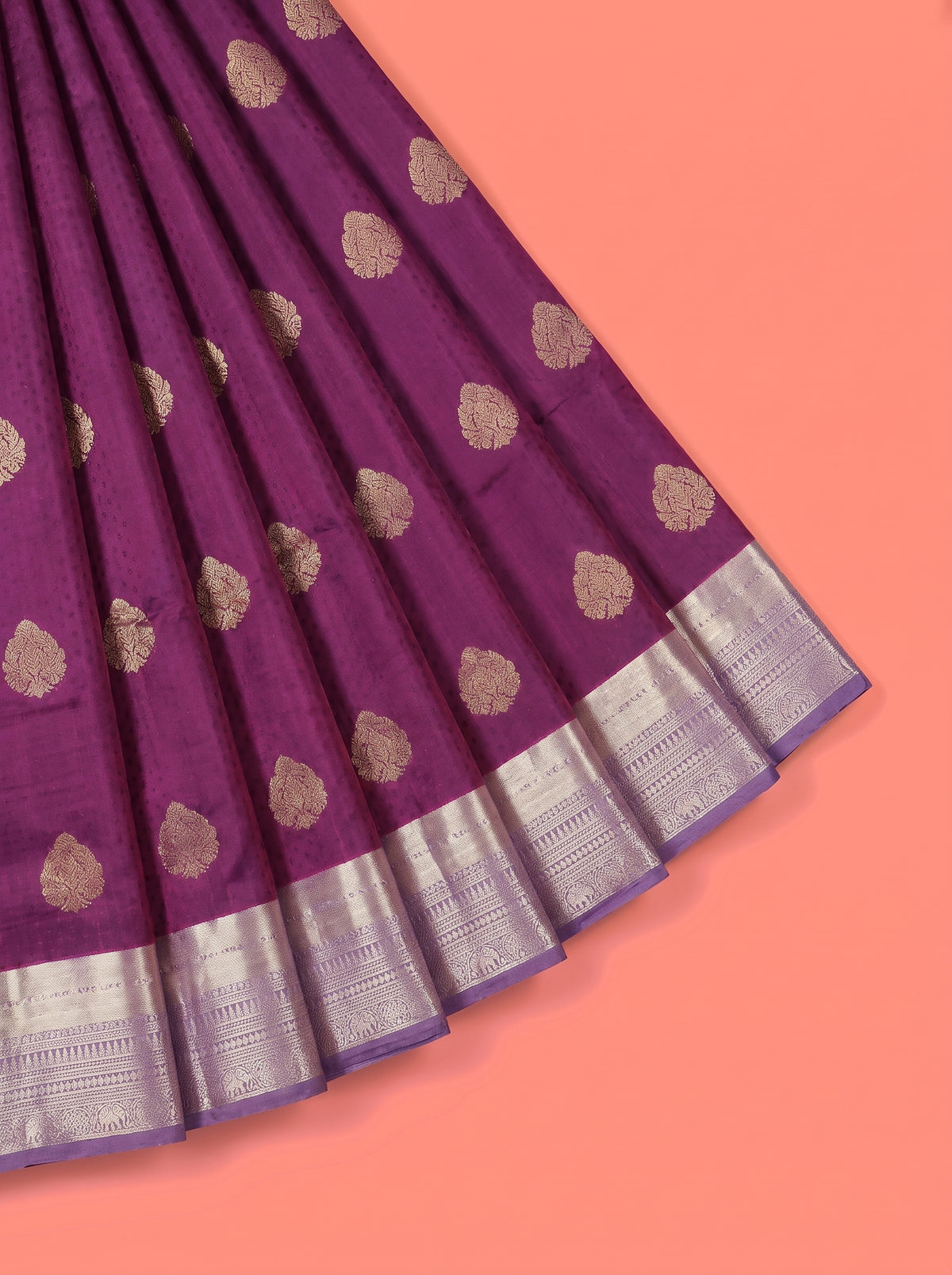 Purple Pure Kanchipuram Saree with Broad Geometric Floral-Vine Zari Border