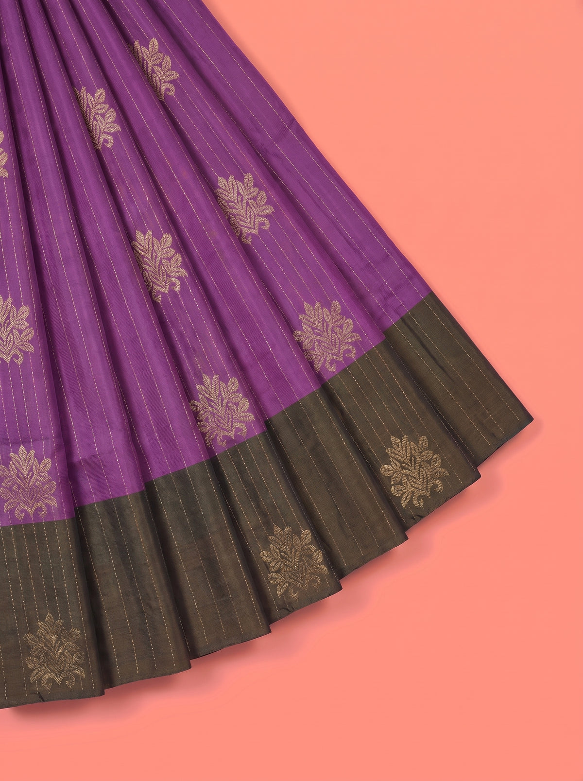 Purple Pure Kanchipuram Saree with Broad Floral Leaf Zari Border