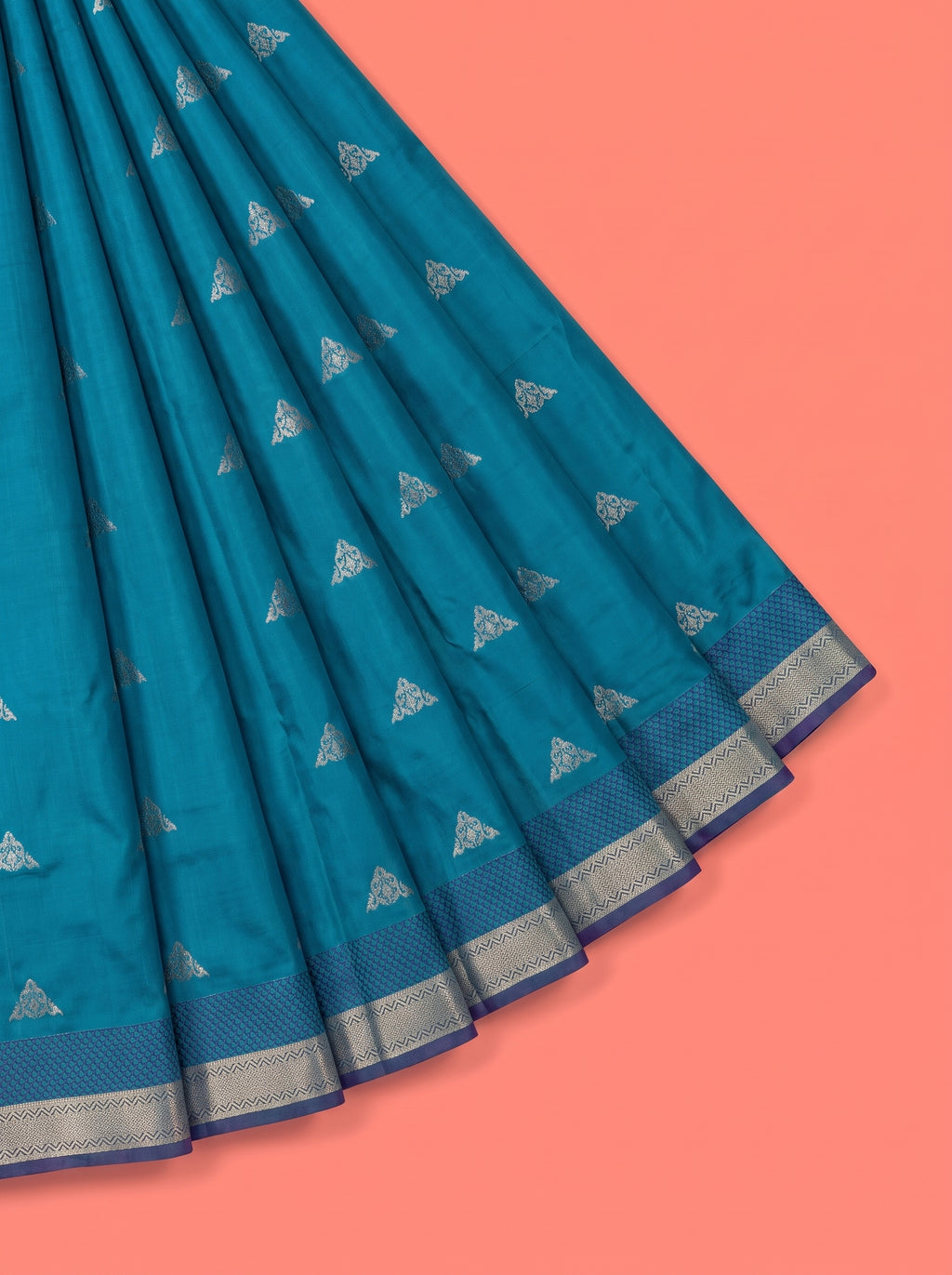 Turquoise Blue Silk Saree with Silver Butti Motifs and Woven Zari Pallu