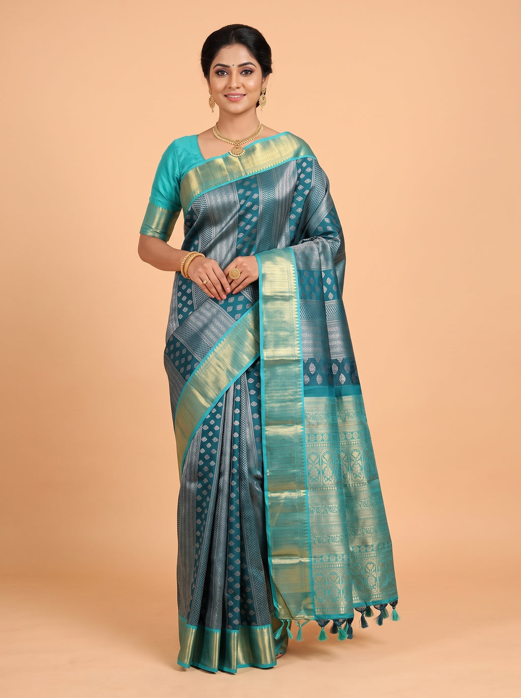 Teal Green and Silver Zari Geometric Woven Kanchivaram Silk Saree - MUGDHA ART STUDIO LLP