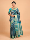 Teal Green and Silver Zari Geometric Woven Kanchivaram Silk Saree - MUGDHA ART STUDIO LLP