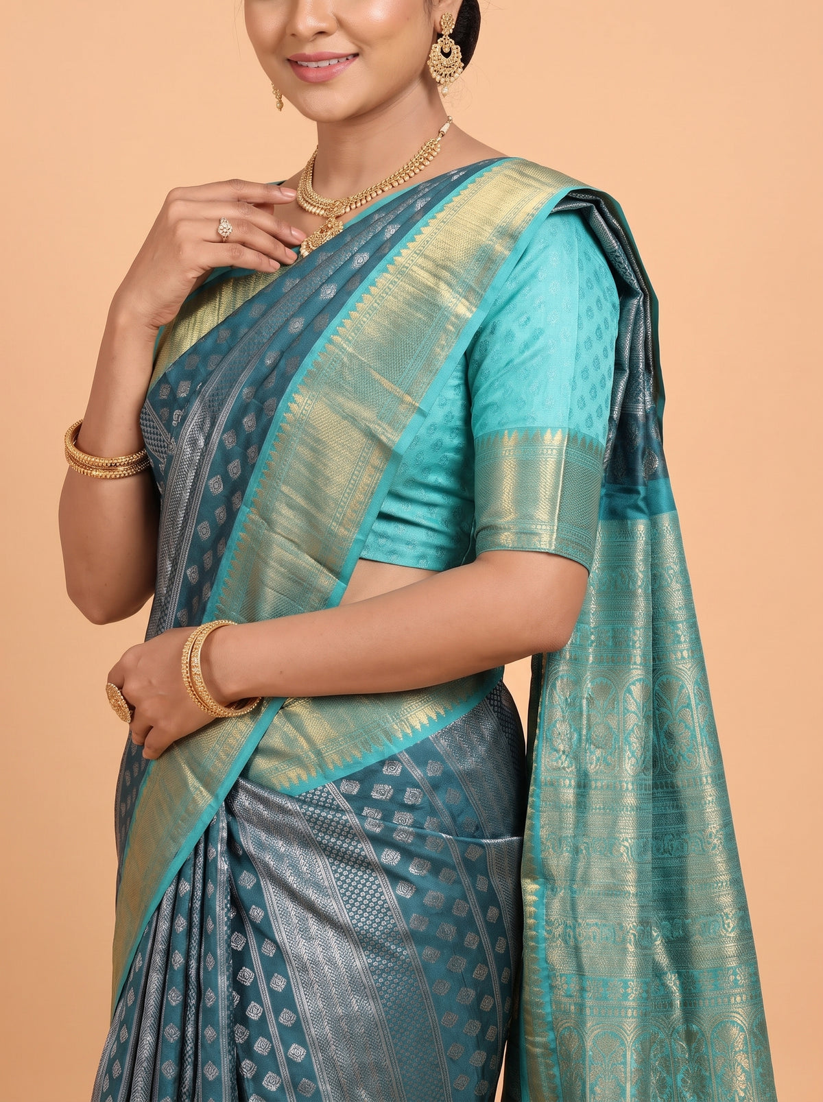 Teal Green and Silver Zari Geometric Woven Kanchivaram Silk Saree