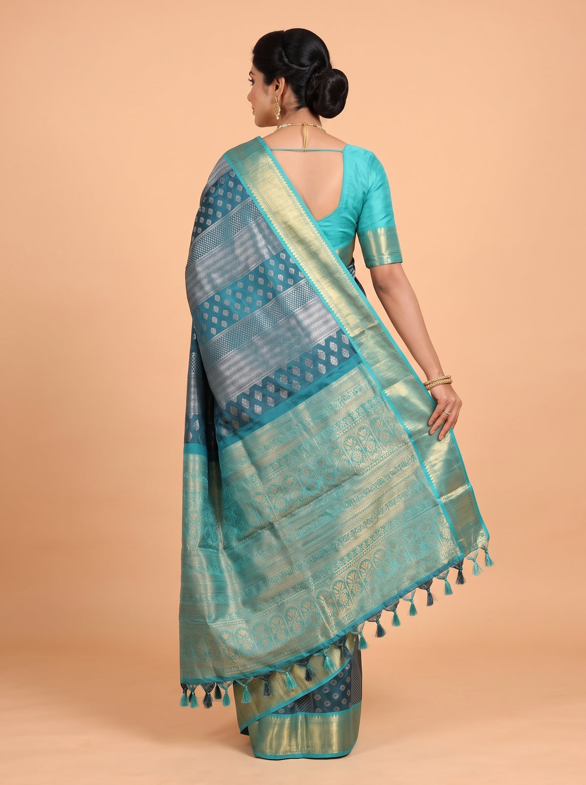 Teal Green and Silver Zari Geometric Woven Kanchivaram Silk Saree