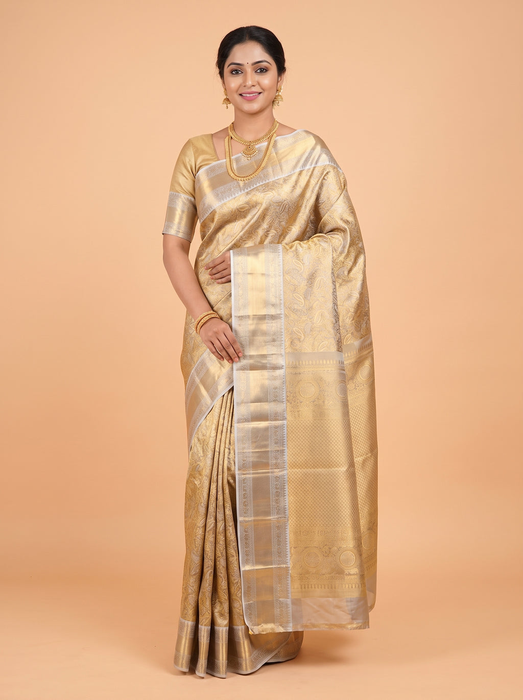 Mustard Gold and Silver Grey Zari Woven Kanchivaram Pure Tissue Silk Saree