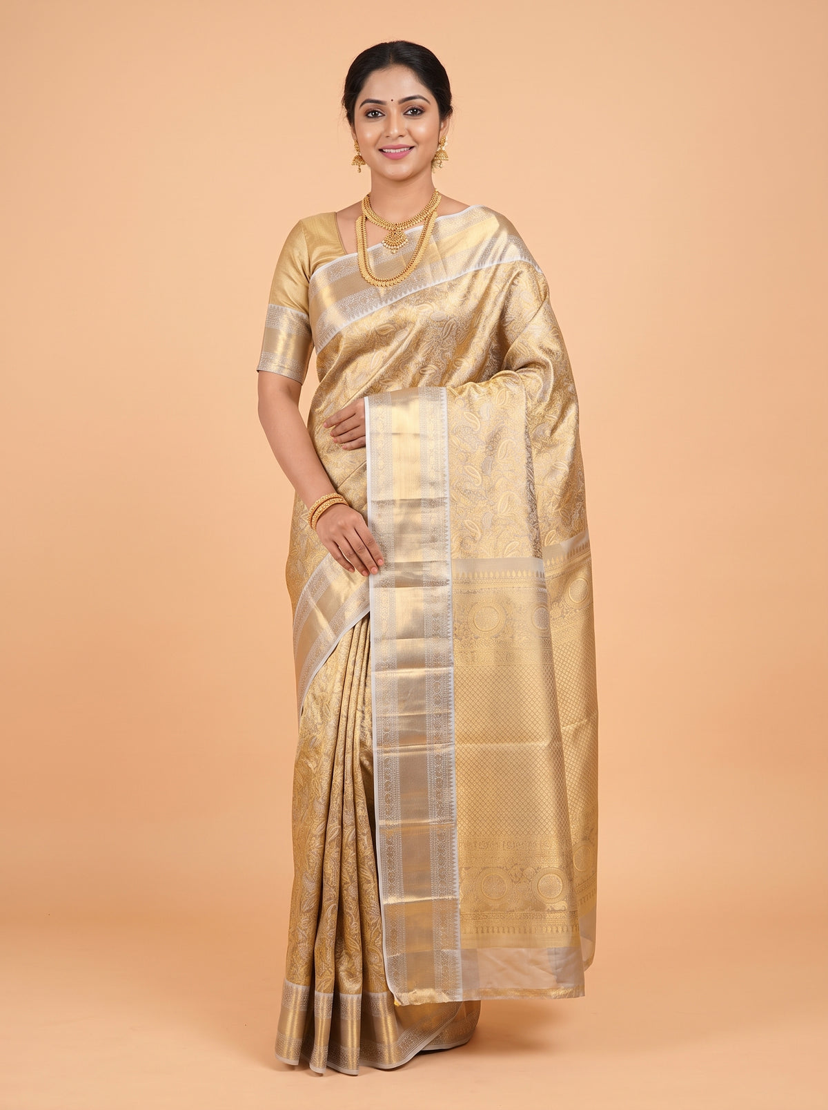 Mustard Gold and Silver Grey Zari Woven Kanchivaram Pure Tissue Silk Saree