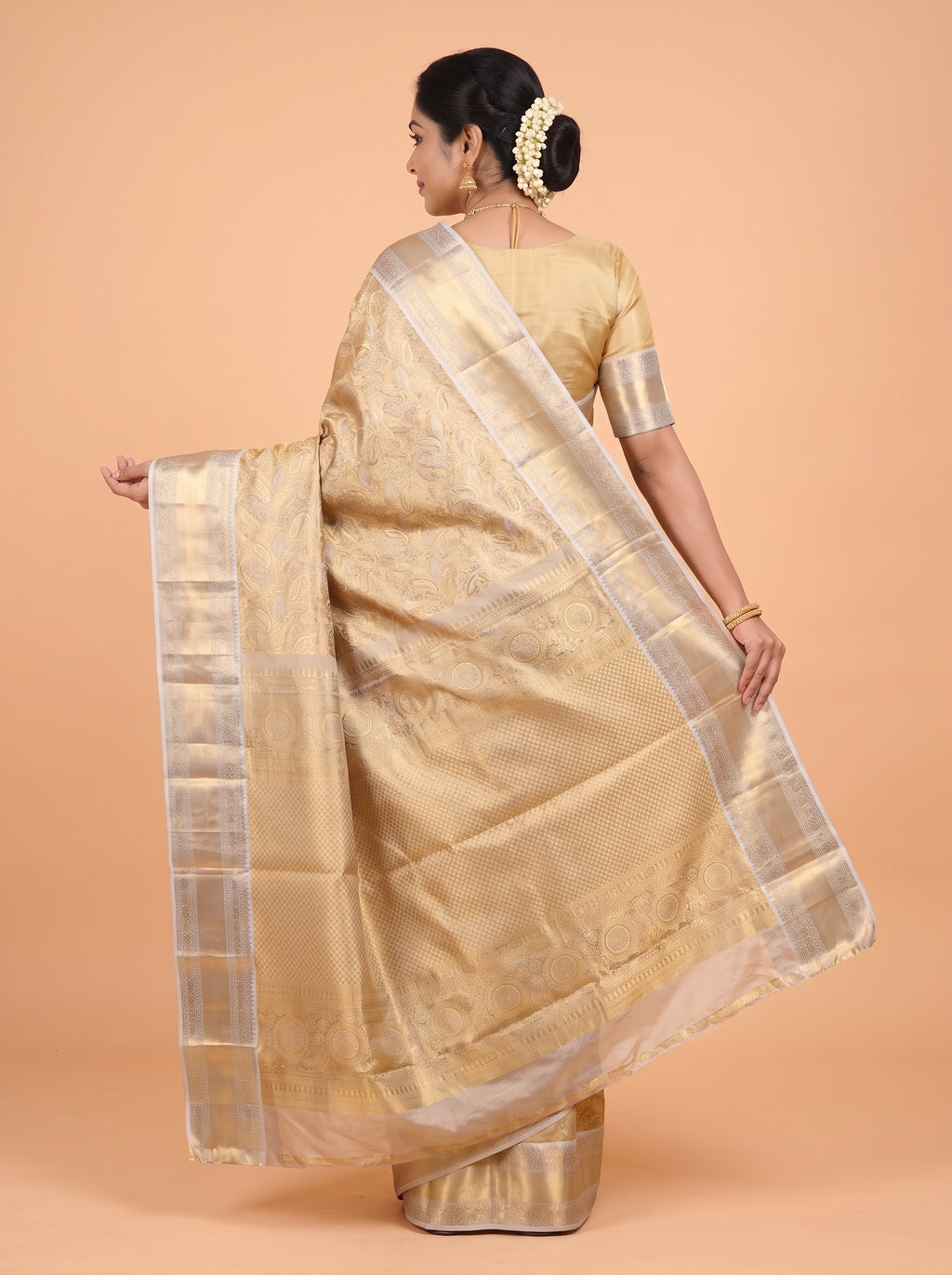 Mustard Gold and Silver Grey Zari Woven Kanchivaram Pure Tissue Silk Saree