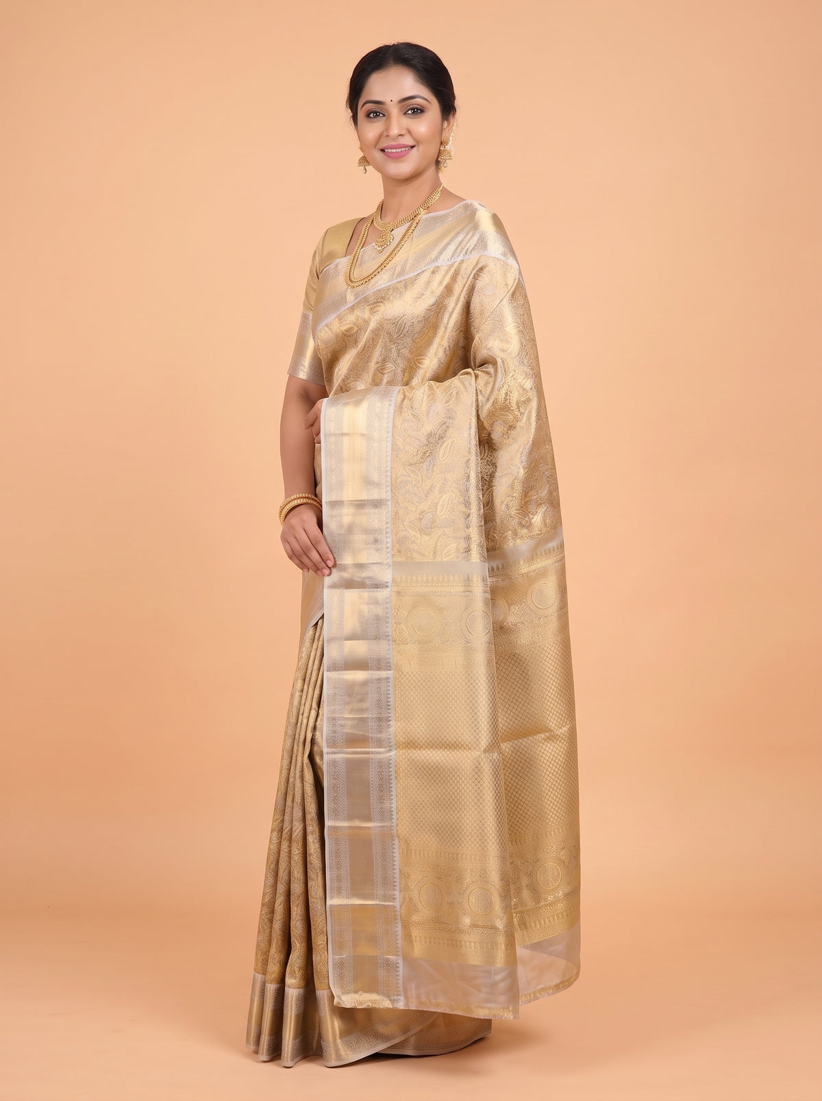 Mustard Gold and Silver Grey Zari Woven Kanchivaram Pure Tissue Silk Saree