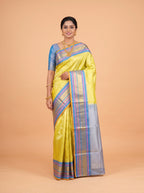 Mustard Yellow and Royal Blue Antique Gold Zari Woven Venkatagiri Silk Saree