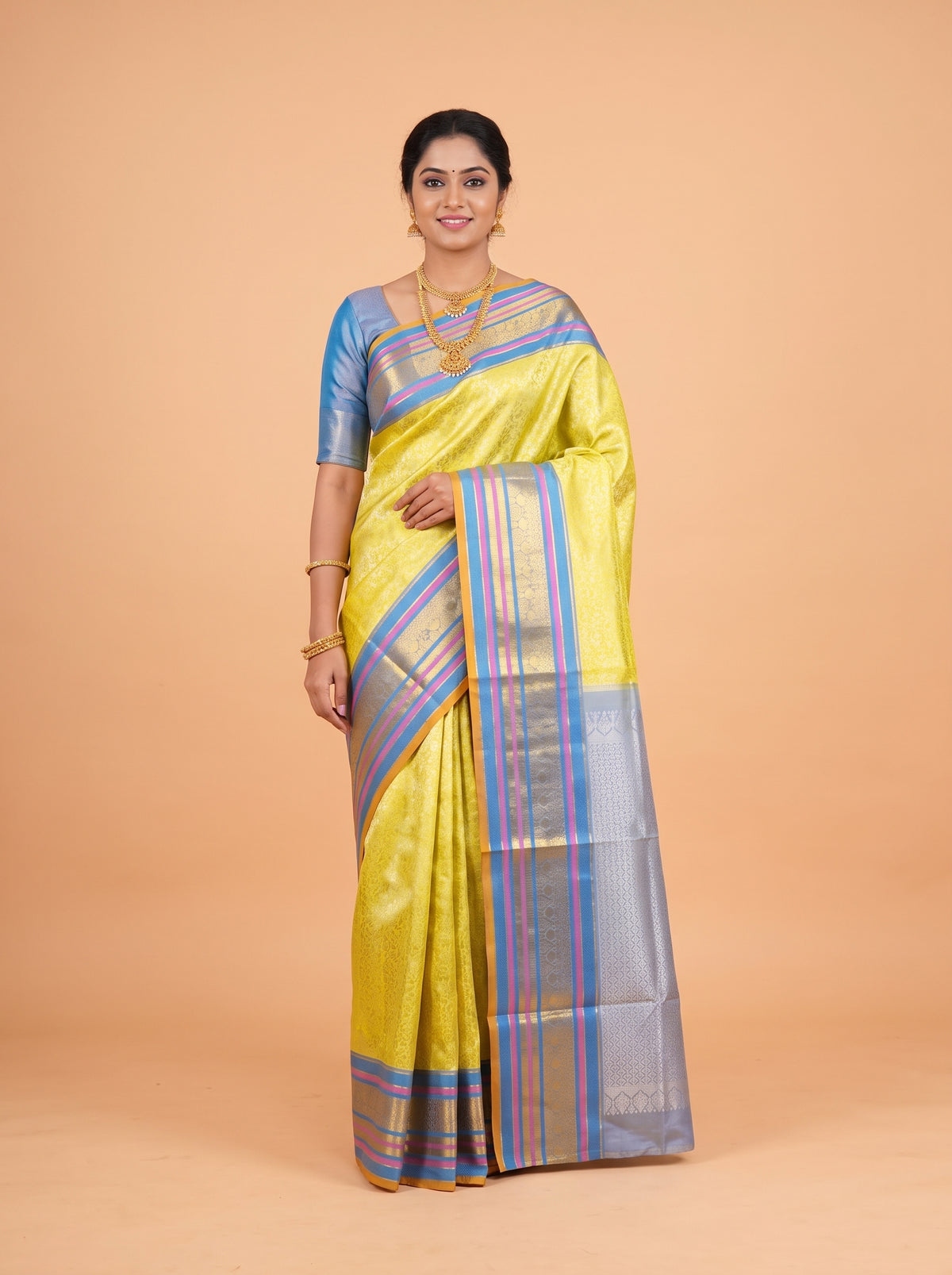 Mustard Yellow and Royal Blue Antique Gold Zari Woven Venkatagiri Silk Saree