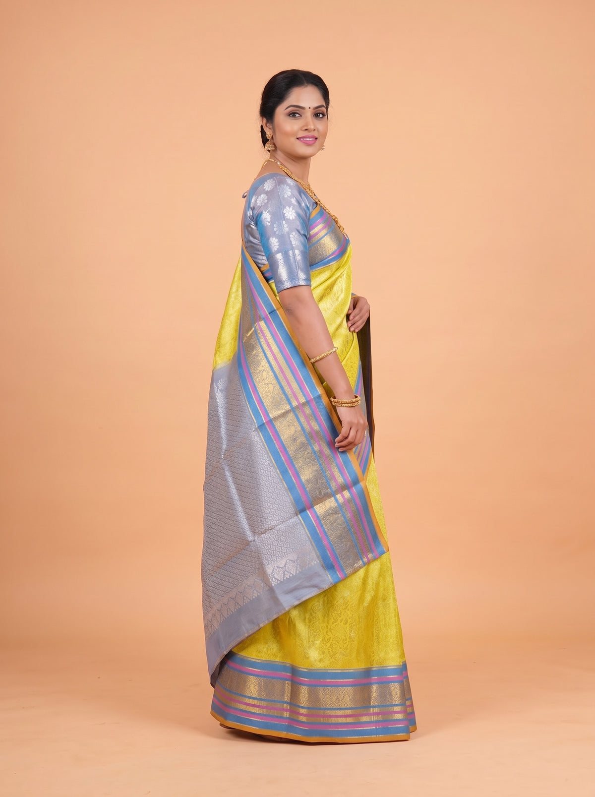 Mustard Yellow and Royal Blue Antique Gold Zari Woven Venkatagiri Silk Saree