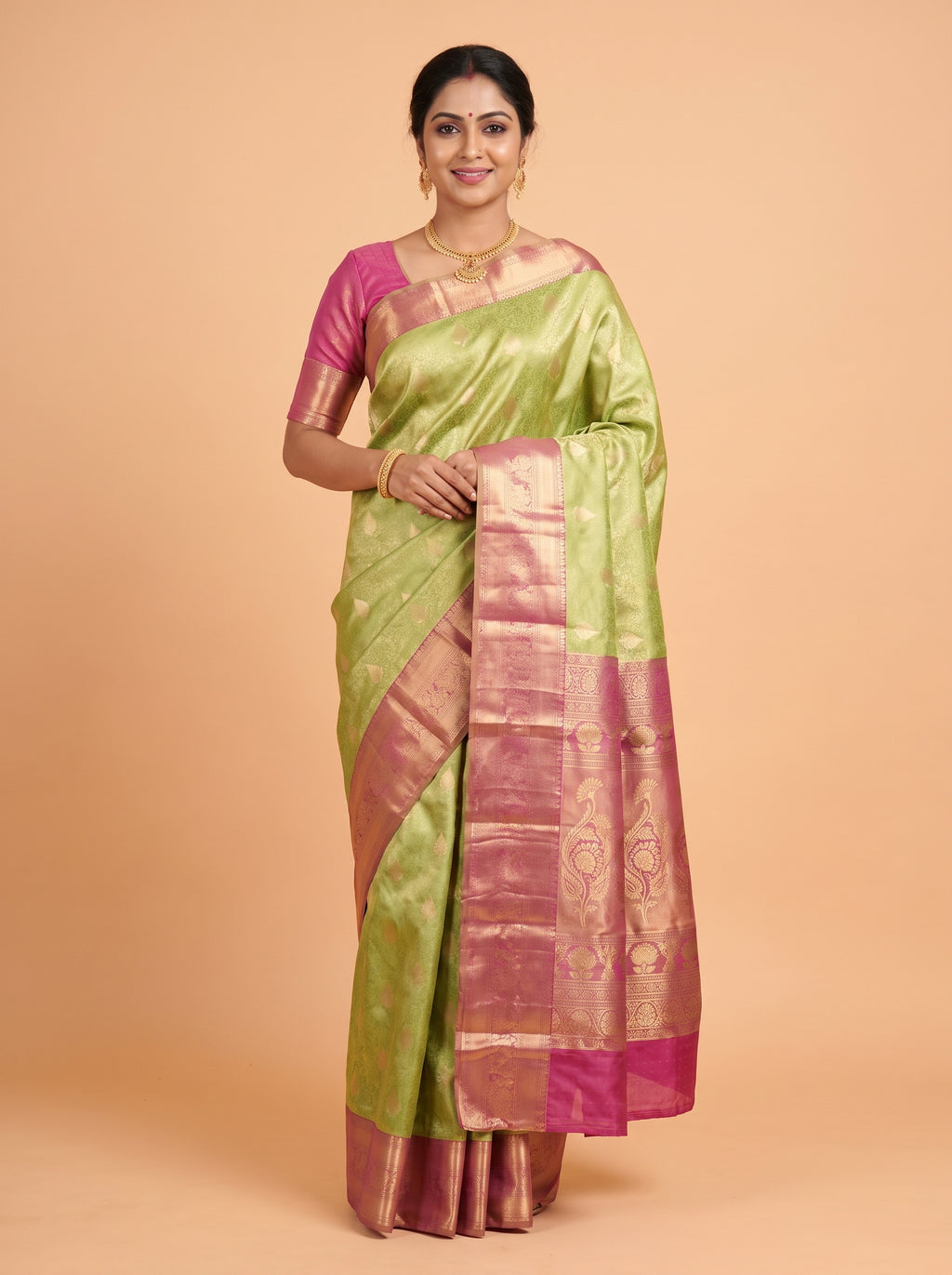 Olive Green and Magenta Pink Tissue Silk Saree