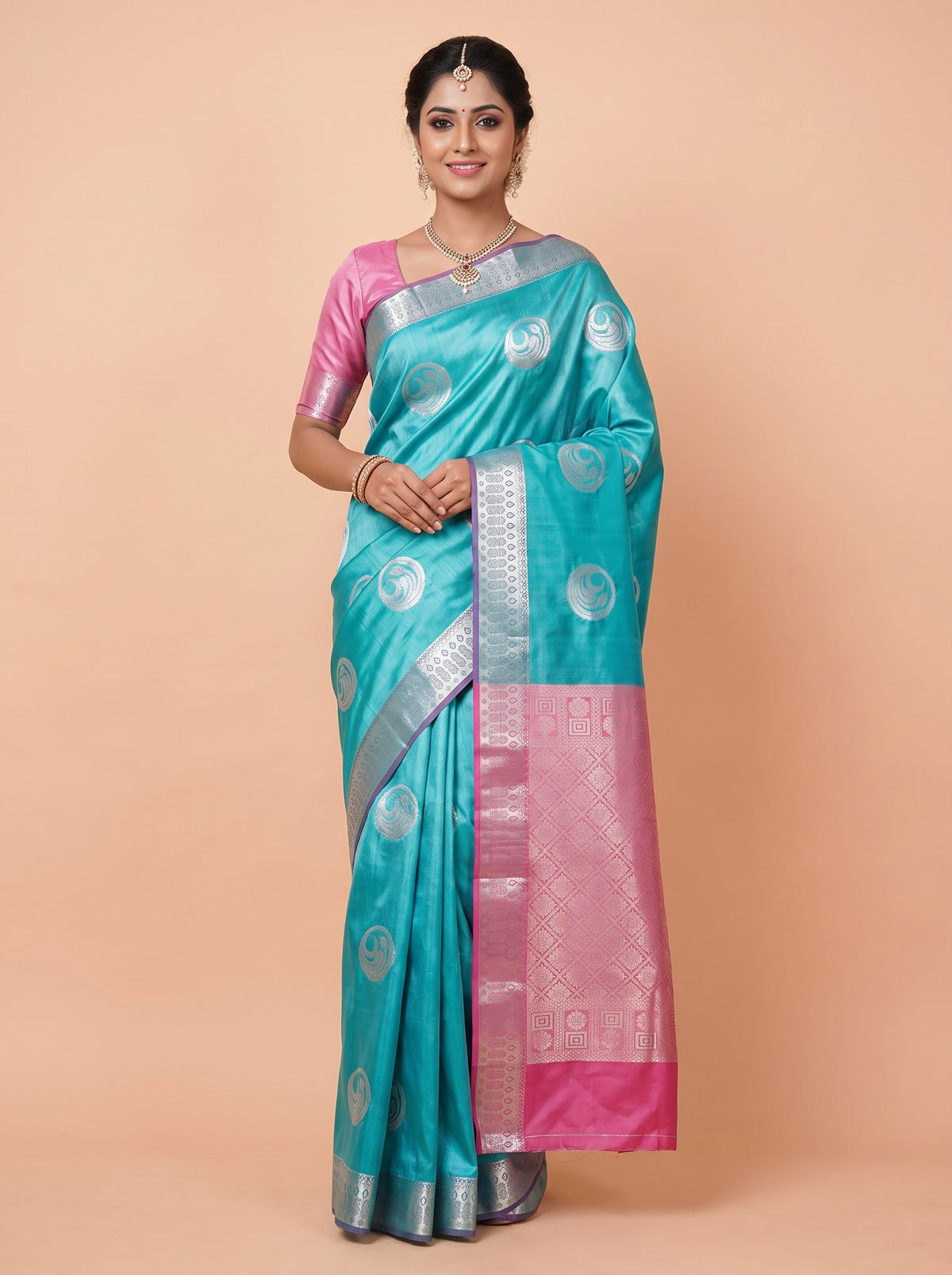 Peacock Teal and Silver Tissue Silk Saree