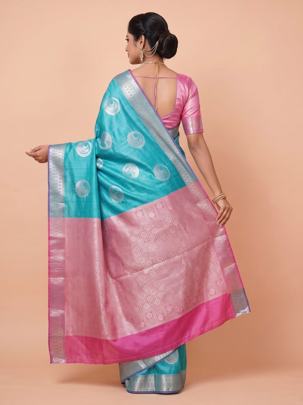 Peacock Teal and Silver Tissue Silk Saree