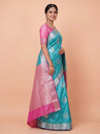 Peacock Teal and Silver Tissue Silk Saree