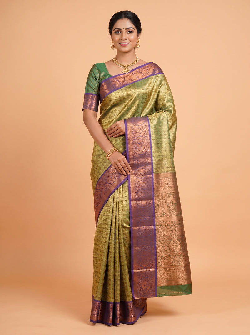 Gold and Blue Traditional Motif Tissue Silk Saree