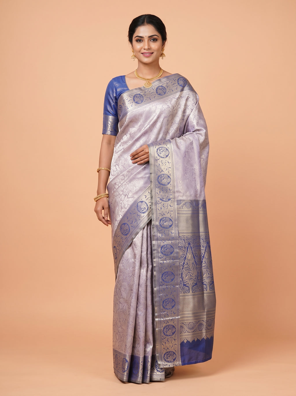 Lavender Grey and Navy Blue Tissue Silk Saree