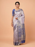 Lavender Grey and Navy Blue Tissue Silk Saree