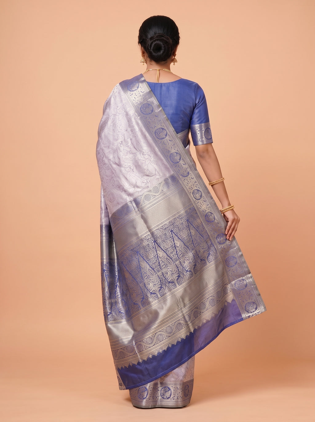 Lavender Grey and Navy Blue Tissue Silk Saree