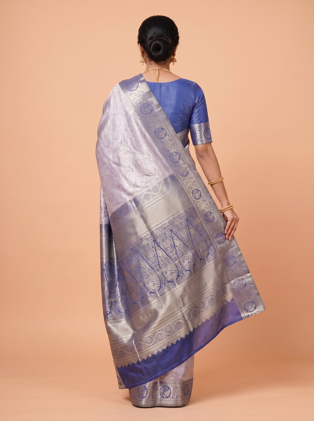 Lavender Grey and Navy Blue Tissue Silk Saree