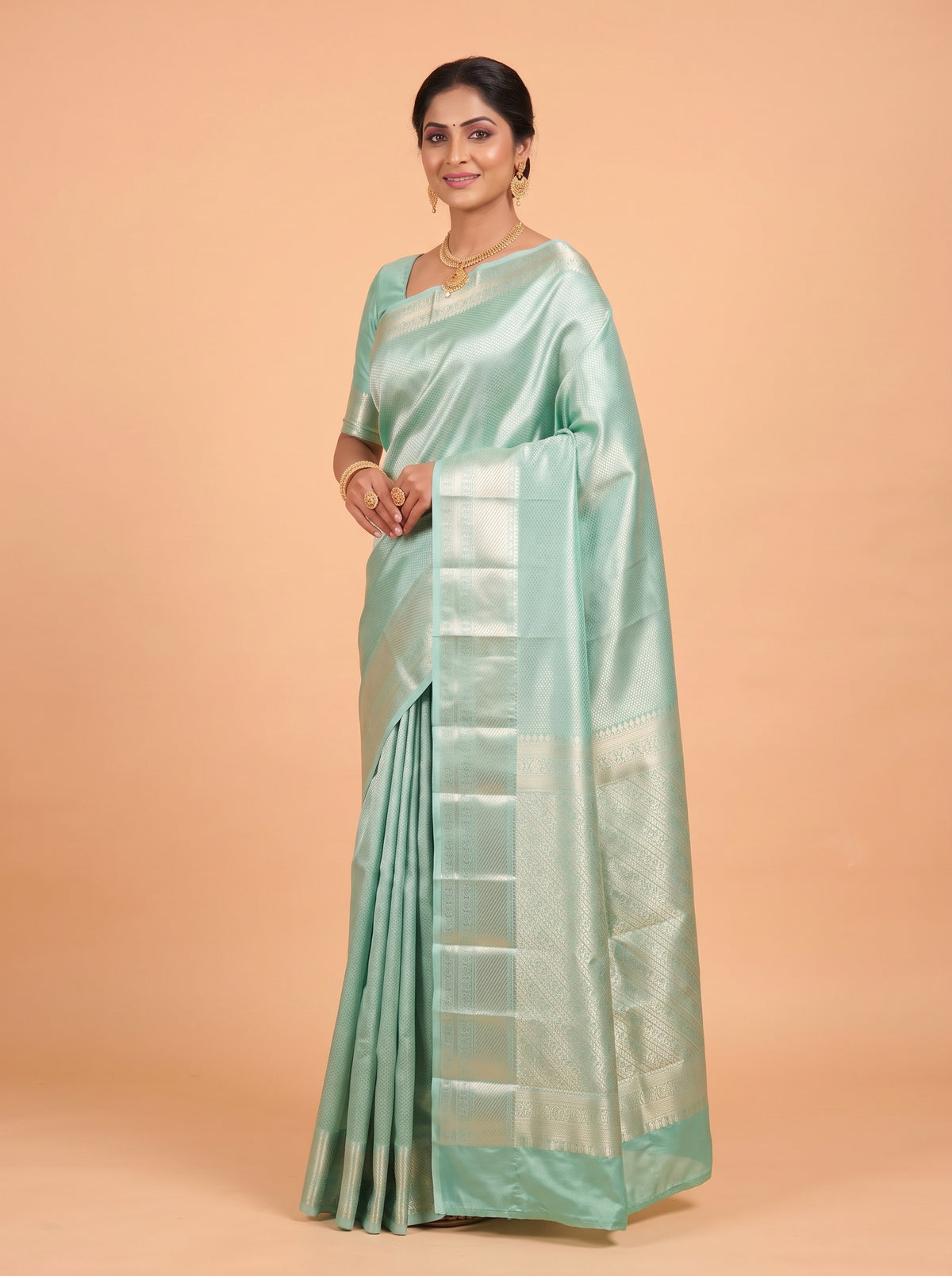 Emerald Green Geometric Tissue Silk Saree