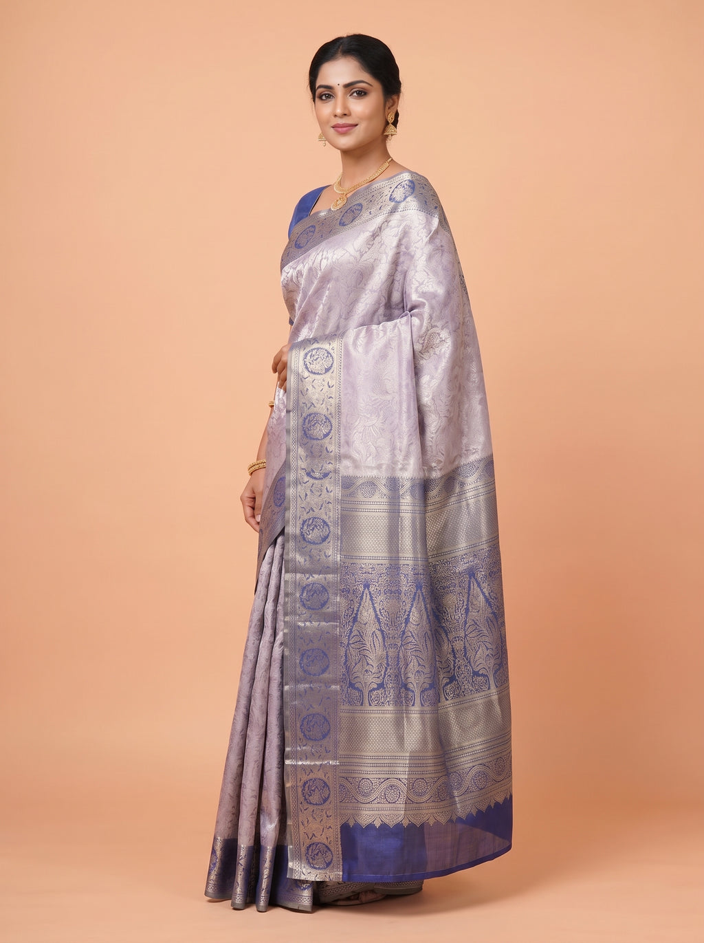 Lavender Grey and Navy Blue Tissue Silk Saree