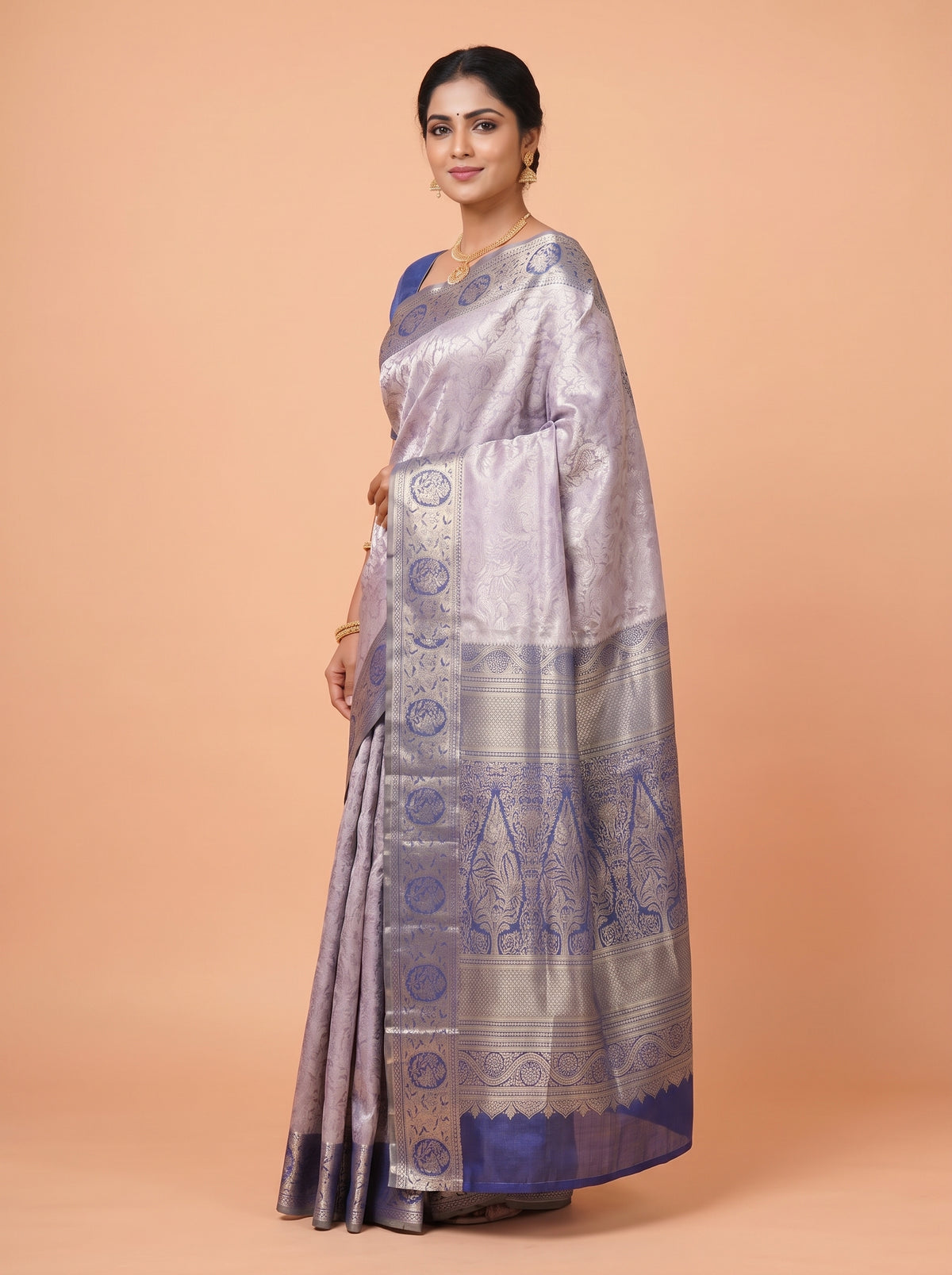 Lavender Grey and Navy Blue Tissue Silk Saree
