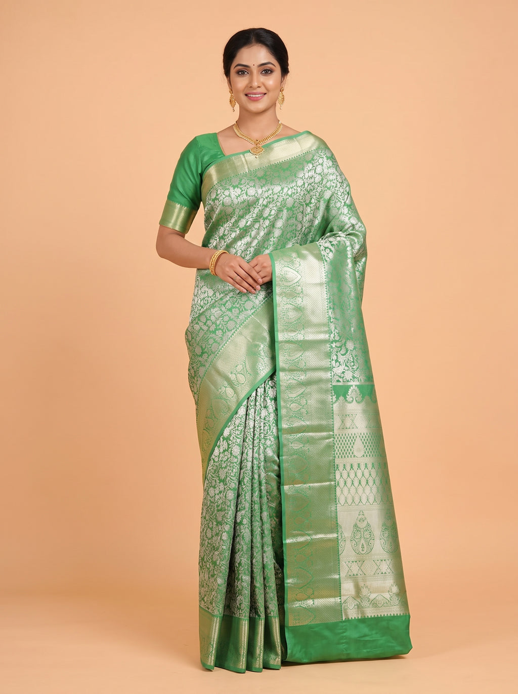 Emerald Green Floral Tissue Silk Saree