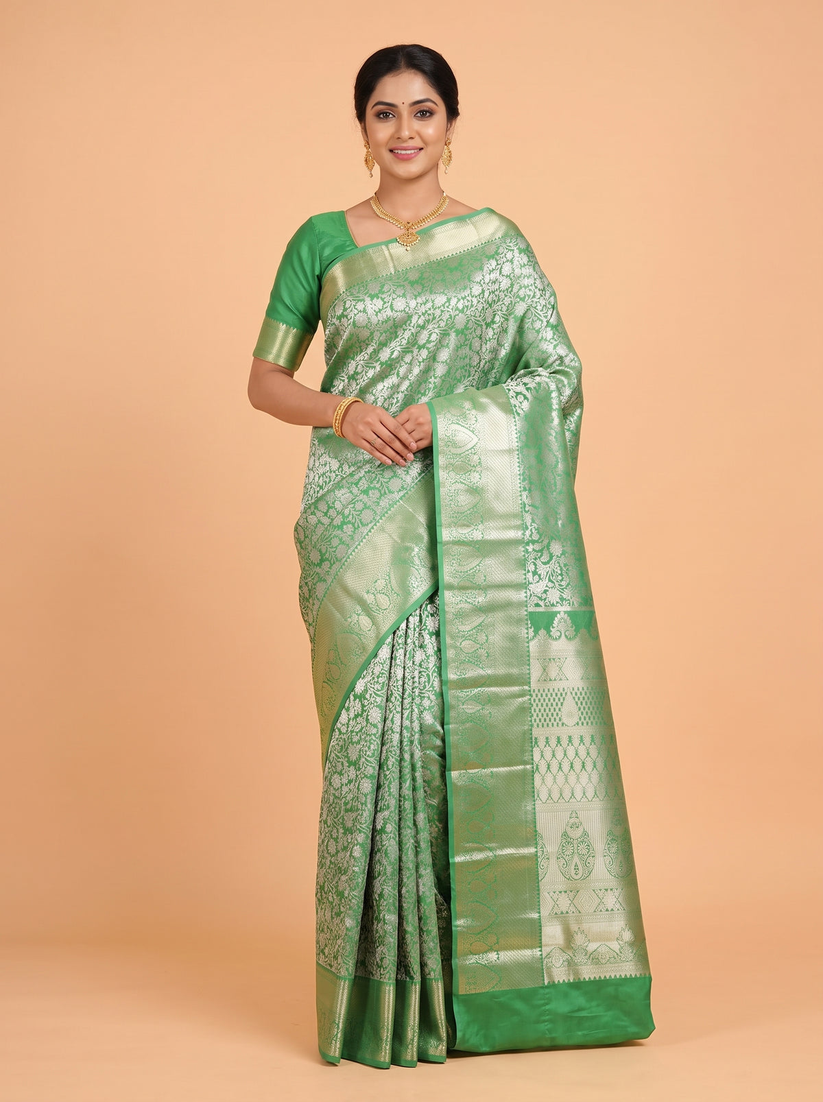 Emerald Green Floral Tissue Silk Saree