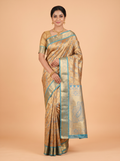 Golden Brown and Teal Blue Antique Gold Zari Woven Semi Kanchivaram Saree