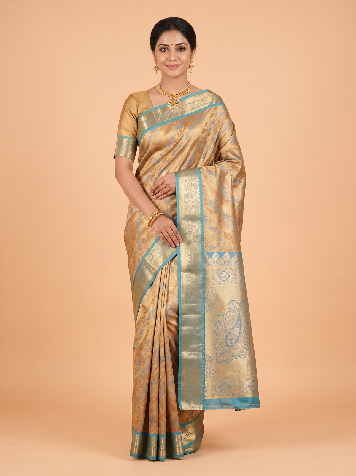 Golden Brown and Teal Blue Antique Gold Zari Woven Semi Kanchivaram Saree
