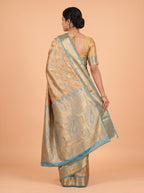 Golden Brown and Teal Blue Antique Gold Zari Woven Semi Kanchivaram Saree