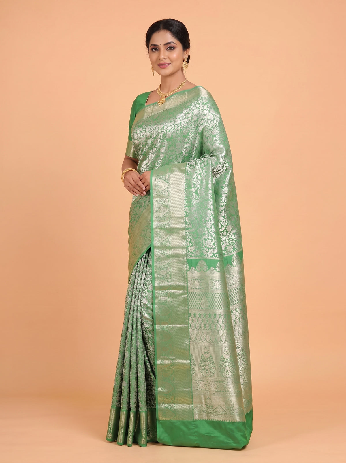 Emerald Green Floral Tissue Silk Saree