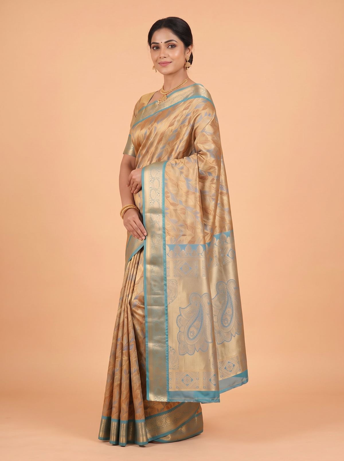 Golden Brown and Teal Blue Antique Gold Zari Woven Semi Kanchivaram Saree