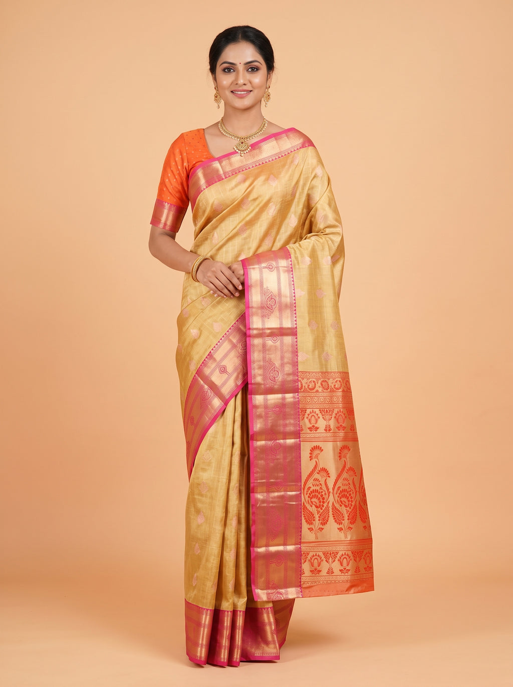 Golden and Deep Rose Pink Antique Gold Zari Woven Semi Kanchivaram Saree
