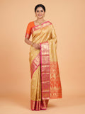 Golden and Deep Rose Pink Antique Gold Zari Woven Semi Kanchivaram Saree