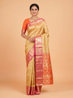 Golden and Deep Rose Pink Antique Gold Zari Woven Semi Kanchivaram Saree