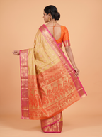 Golden and Deep Rose Pink Antique Gold Zari Woven Semi Kanchivaram Saree