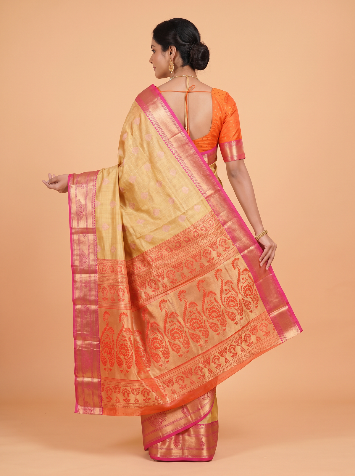 Golden and Deep Rose Pink Antique Gold Zari Woven Semi Kanchivaram Saree