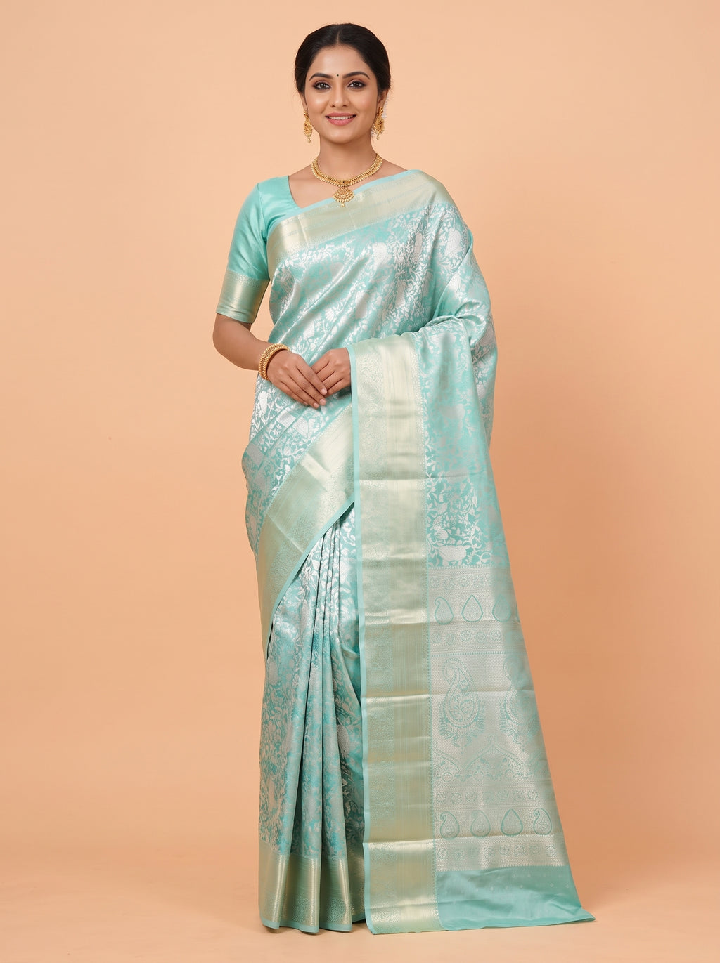 Sea Green and Antique Gold Zari Woven Semi Kanchivaram Saree