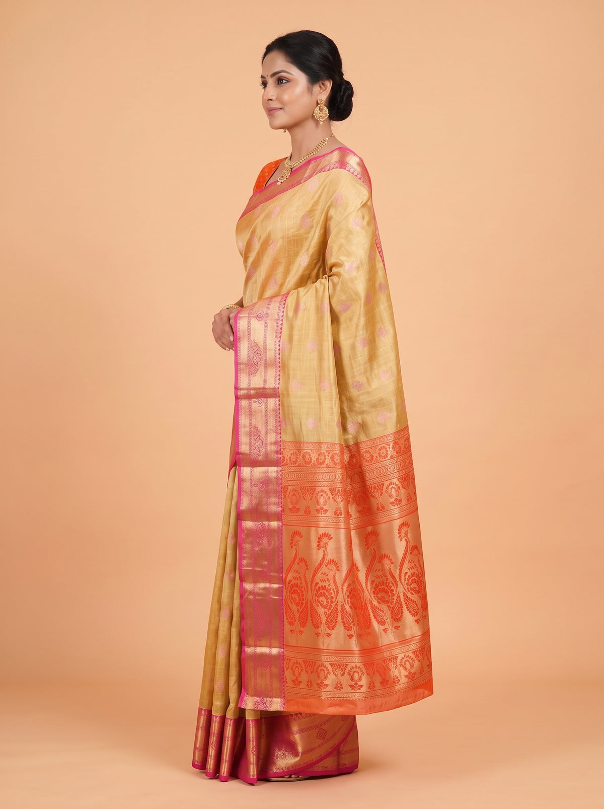 Golden and Deep Rose Pink Antique Gold Zari Woven Semi Kanchivaram Saree