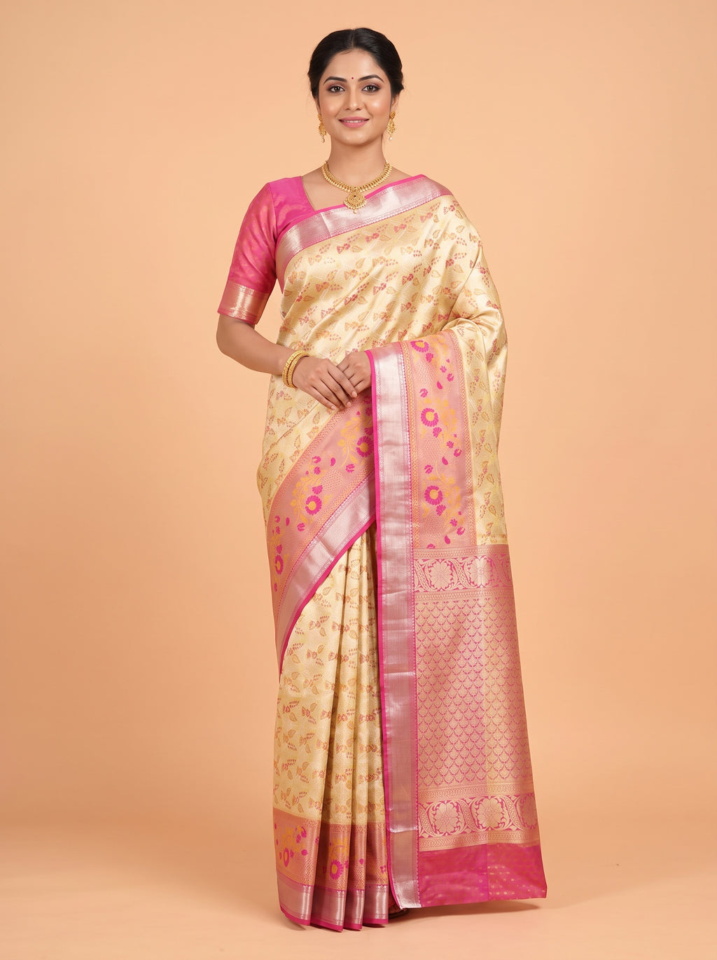 Antique Gold and Pink Floral Tissue Silk Saree