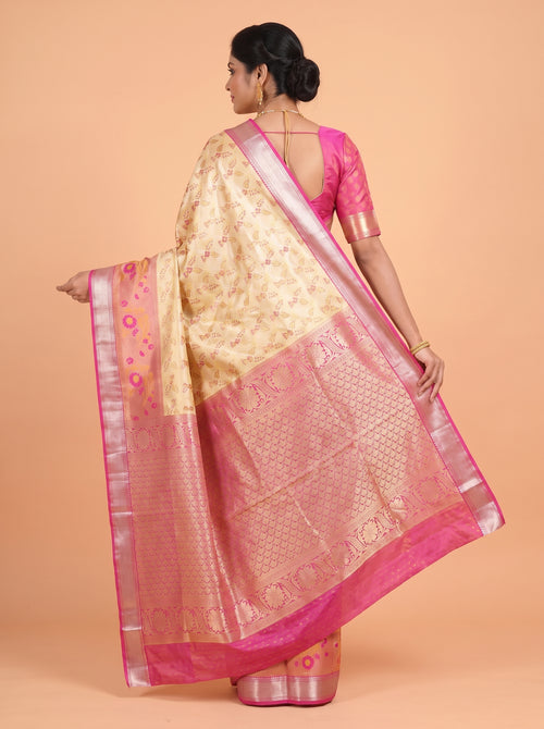 Antique Gold and Pink Floral Tissue Silk Saree