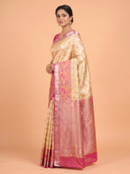 Antique Gold and Pink Floral Tissue Silk Saree