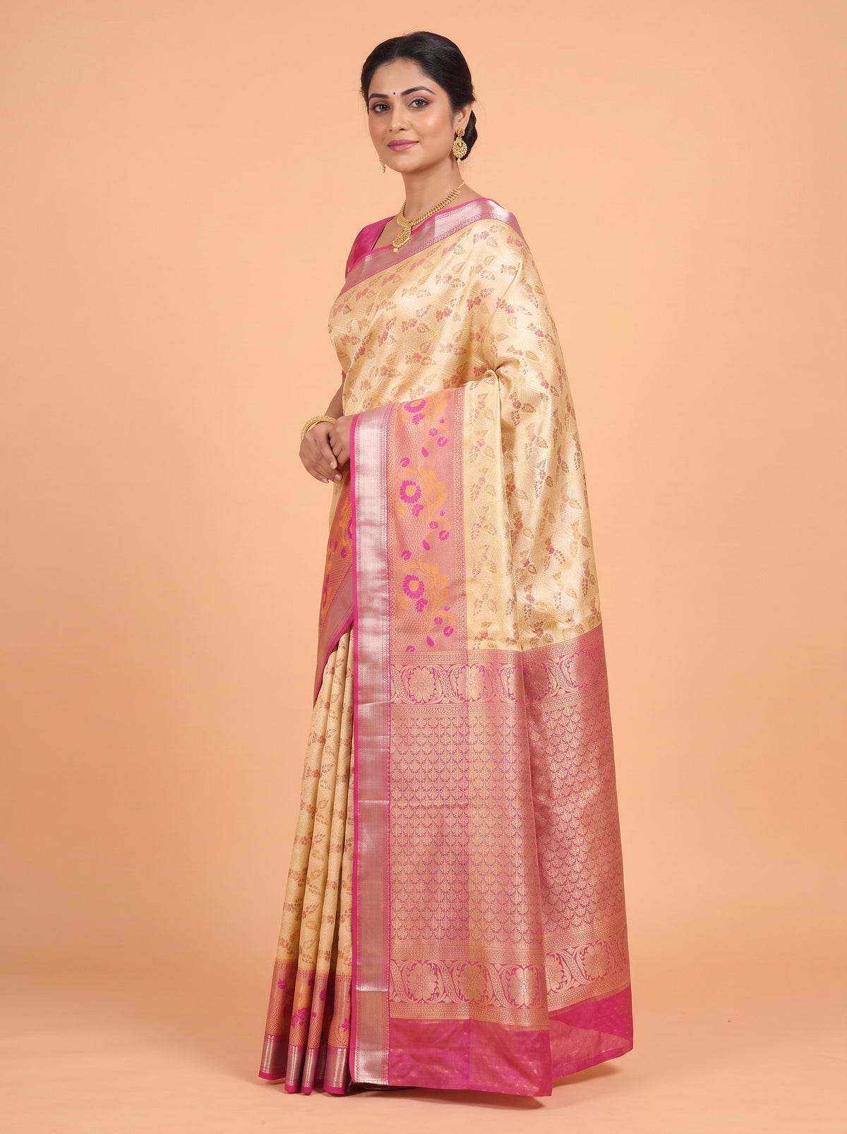 Antique Gold and Pink Floral Tissue Silk Saree